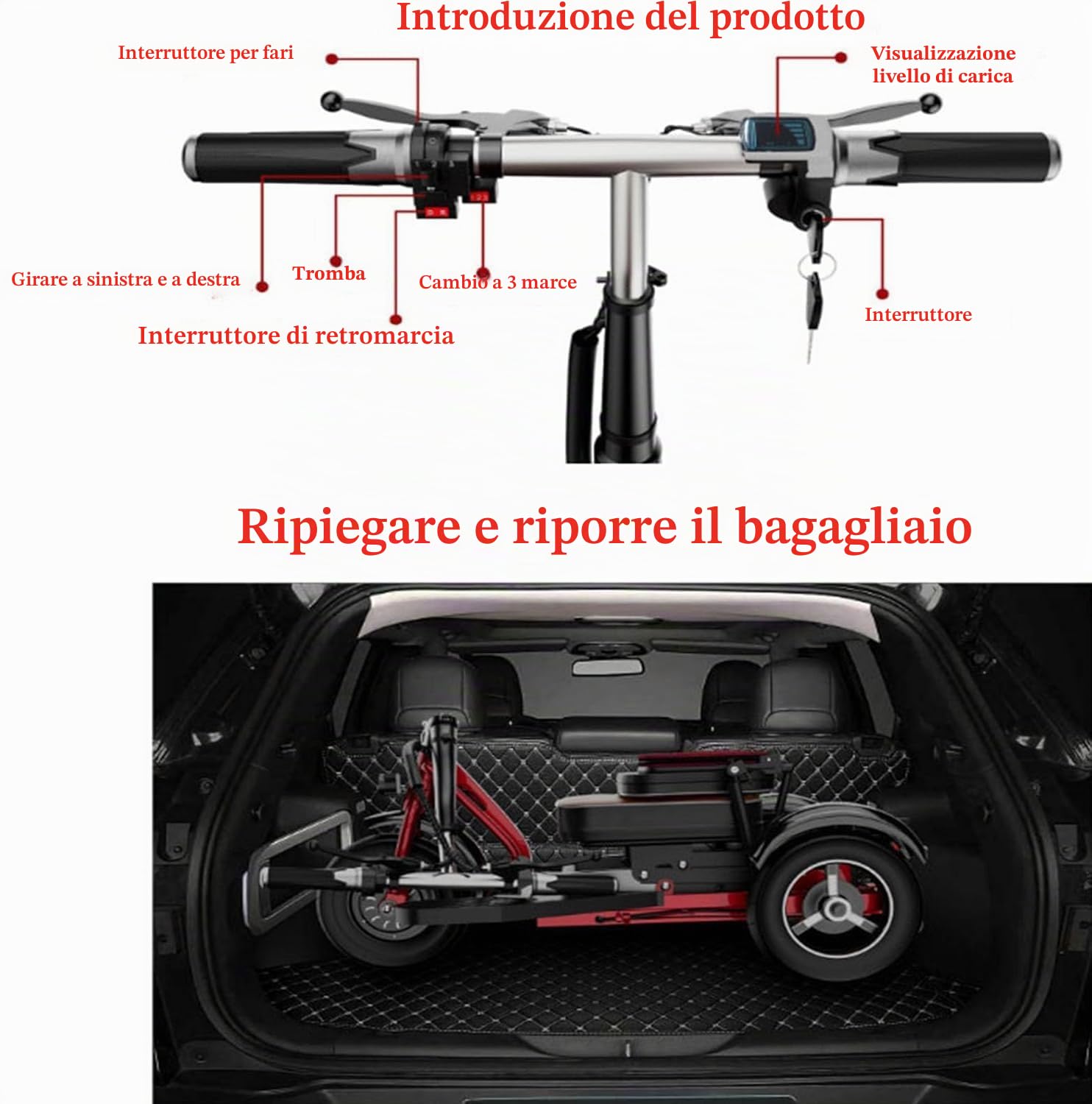 Generico Triciclo Adulti Leggeri per Anziani Scooter da Viaggio con Caricabatterie 3 Ruote Pieghevole Portatile Leggero Compatto Collassabile