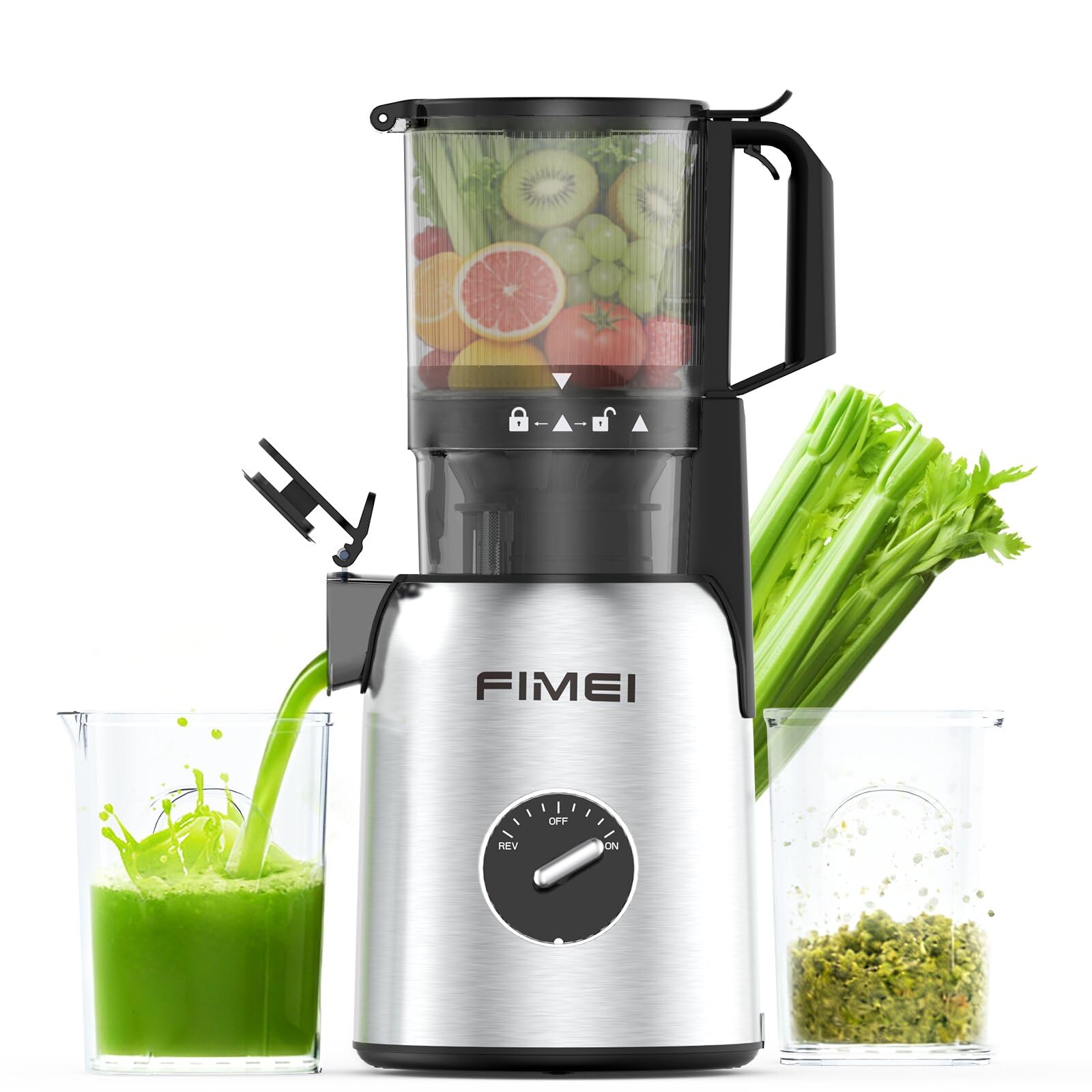FIMEI Extracteur de Jus, Slow Juicer Grande Ouverture 135mm, Sans BPA, Base Inox, 2 Verres