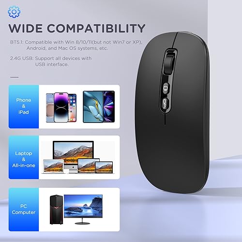 Miniatura 5 de Ratón inalámbrico Bluetooth, multidispositivo recargable (tres modos BT1BT2+2.4G) Ratones de computadora con receptor USB, mouse silencioso delgado