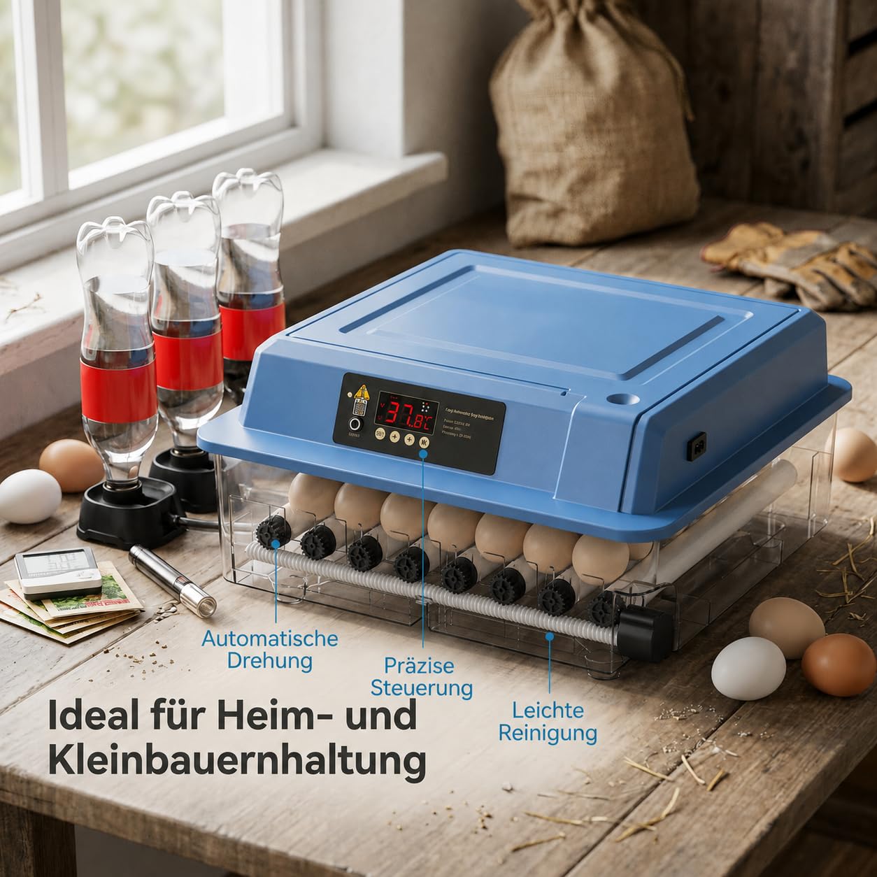 Incubadora de 36 huevos totalmente automática, incubadora con giro automático y adición de agua, incubadora para pollos, patos y codornices, incubadora de superficies con control de