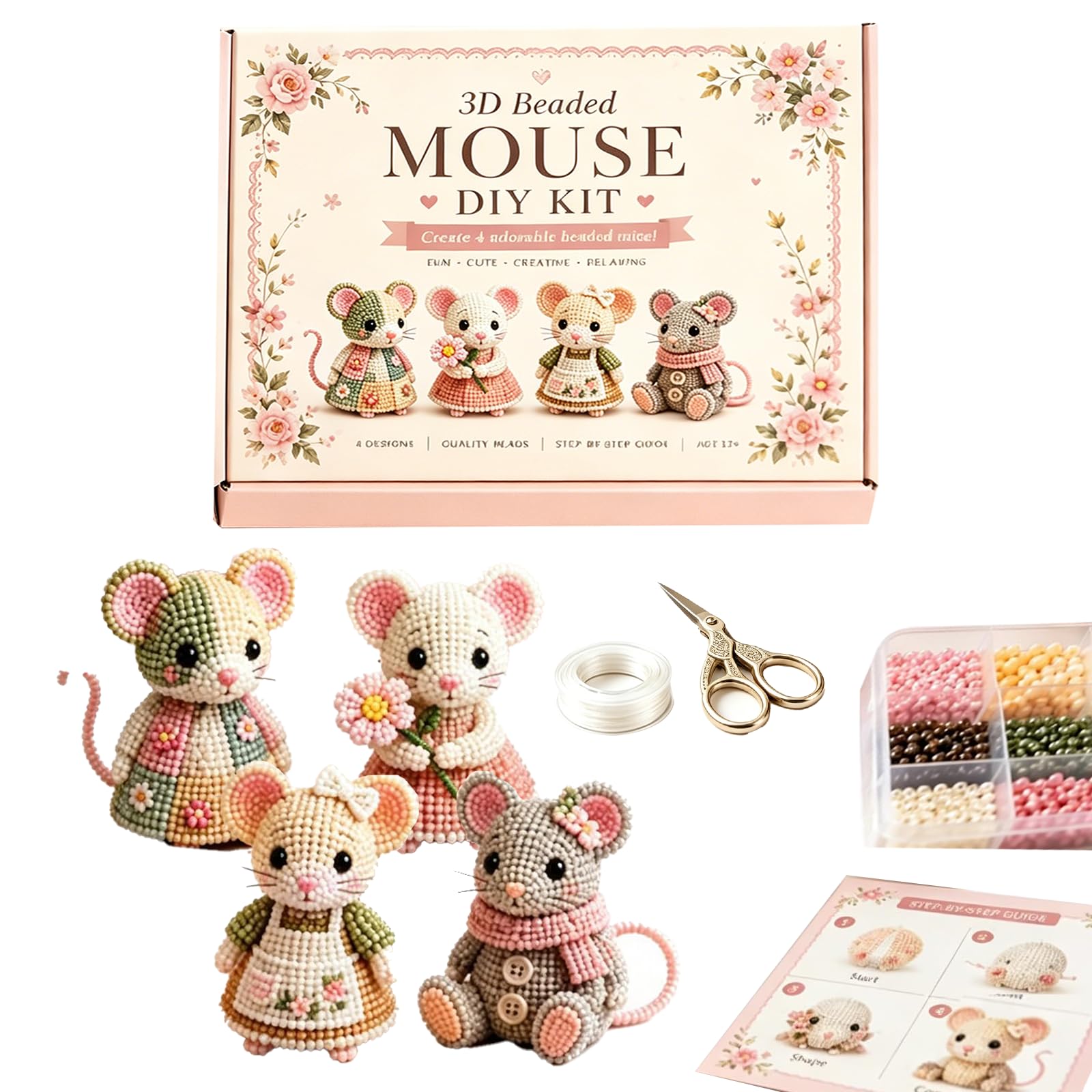 3D Beaded Mini World DIY Craft Kit, Animal & Fashion Beading Set with 7 Themes, Complete Jewellery Making Gift for Hobby Crafters (Mouse Friends)