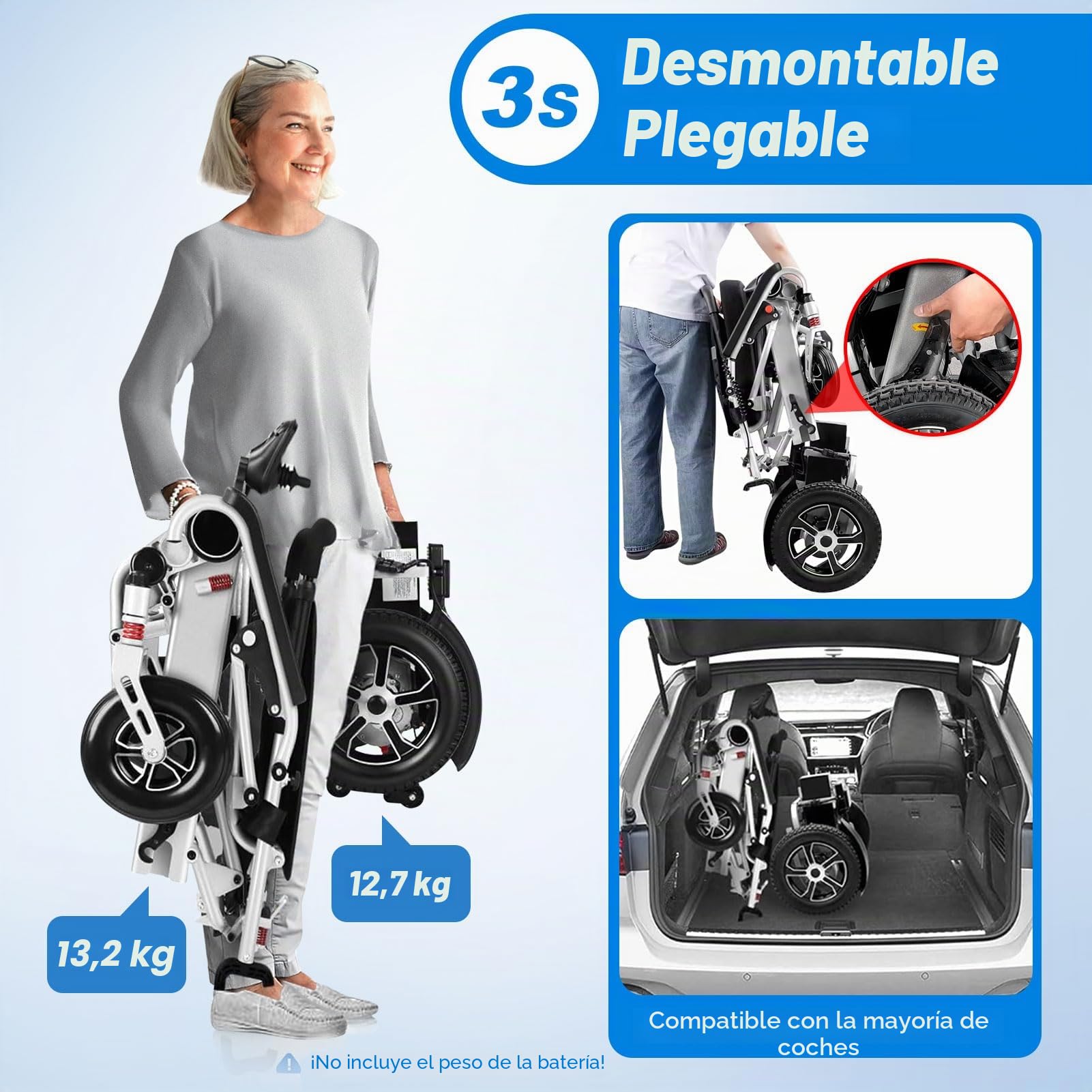 Silla de ruedas eléctrica plegable, divisible, 2 sillas de ruedas eléctricas de 12Ah para, con luz LED y funda protectora, 51 cm de ancho del asiento, silla de ruedas eléctrica plegable