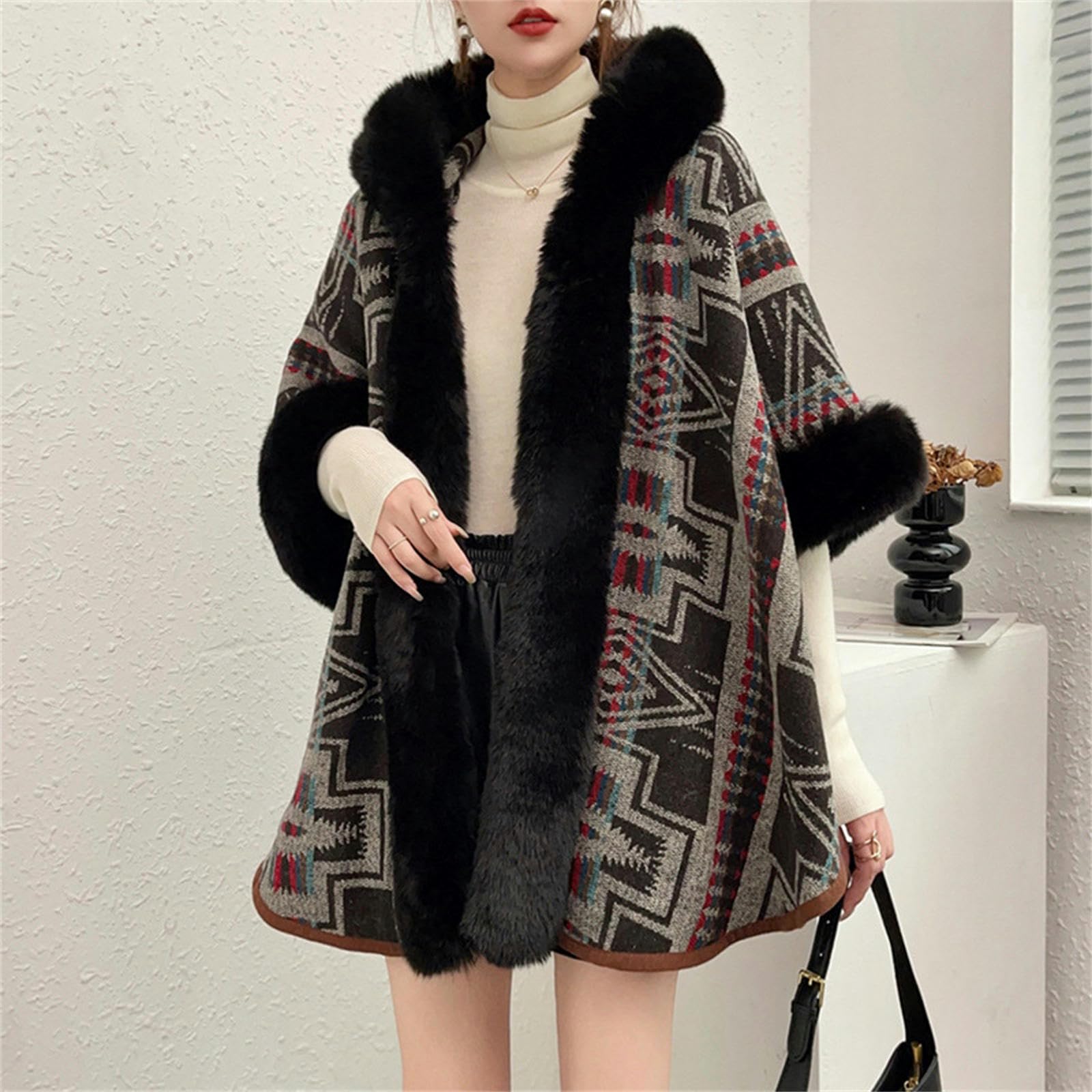 Poncho Donna Collaggio da Pelliccia da Donna Capo A Maglia Cardigan Cape con Cappuccio per Leopardo da Donna-Stampa Leopardo Grigio