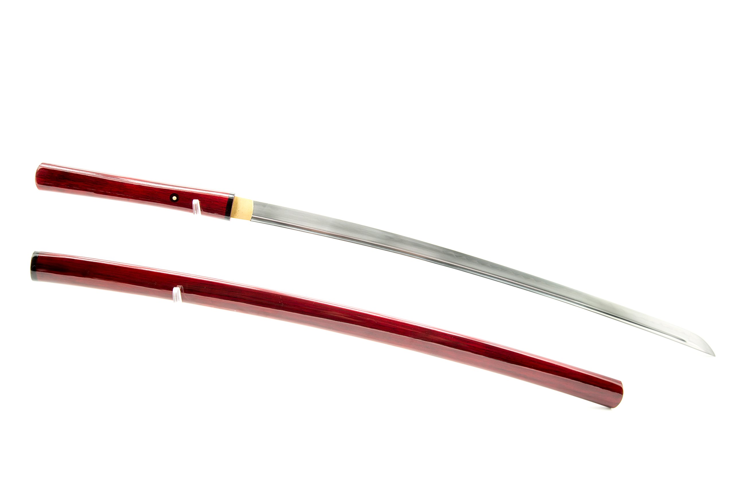 Handmade Sword - Samurai Shirasaya Katana, Hand Forged, 1095 Carbon Steel, Clay Tempered, Full Tang, Sharp, No Tsuba, Red Handle, Red Wooden Scabbard, Sword Certificate