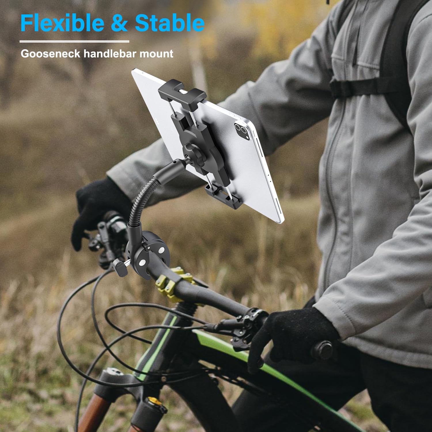 YOOZ Handlebar Tablet Holder for Bike Pram Moto Wheel Chair [Metal Gooseneck Arm] Stroller Boat Treadmill Bicycle Mount Clamp for Tablet & Phone, iPad Pro Air Mini, Galaxy Tab, Kindle, 4-13