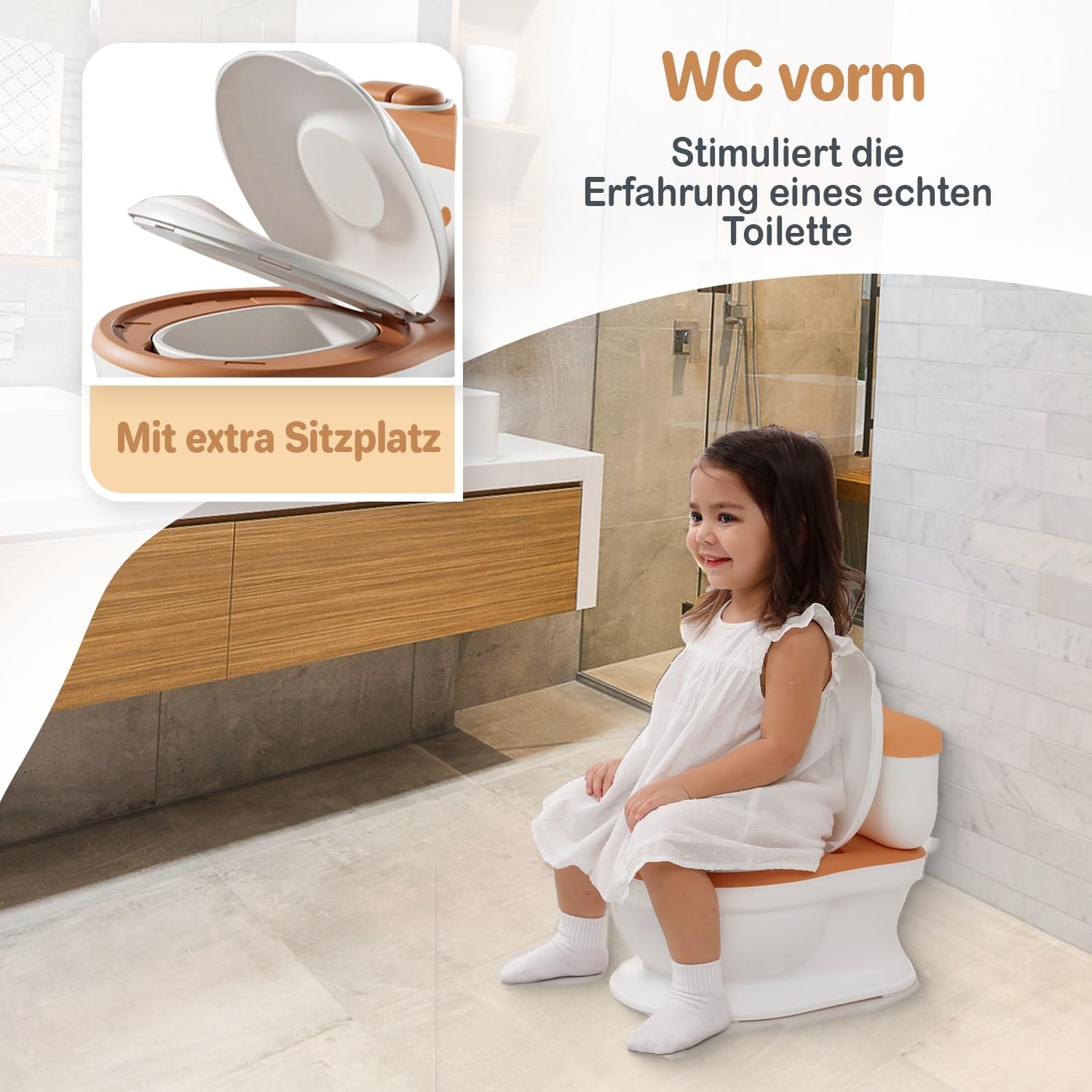Twinky® Töpfchen für Baby & Kind – 3-in-1 Potty Trainer & Kindertoilette für Baby Toilette Inkl Spülklang, kompaktes Design, Musik und Rollenhalter – perfekter Toilettensitz für Kinder – Braun