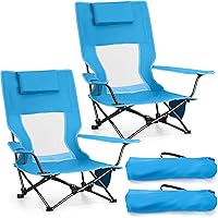 Joyfair 2-Pack High Back Beach Camping Chairs - Heavy Duty Folding Low Profile with Pillow, Cup Holder, Portable Bag (Blue)