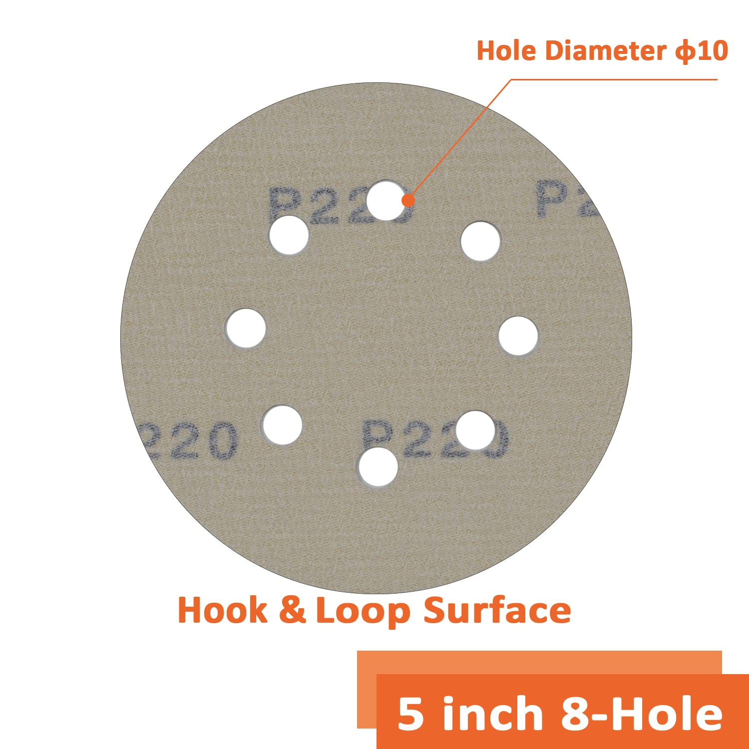 Discos de lijado de 5 pulgadas y 8 agujeros, papel de lija dorado en seco Hook&Loop, papel de lija orbital, apto para madera, metal, plástico y pulido, paquete de 50 (P220)