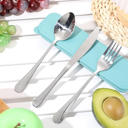 Miniatura 4 de Yinkin Juego de 4 utensilios de viaje portátiles con estuche, cubiertos reutilizables de acero inoxidable, cubiertos de campamento, incluye tenedor,