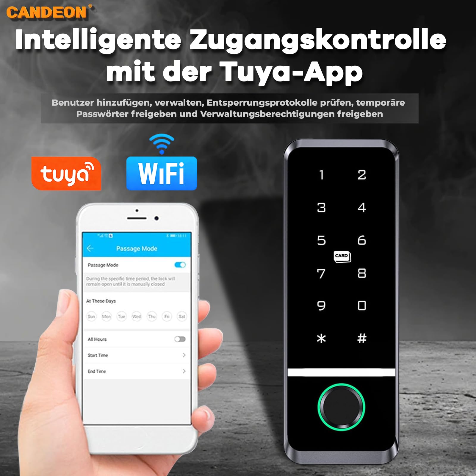 Elektronisches Smartes Türschloss, RFID/Tuya-App/WiFi Zugangskontrolle Tastatur Fingerprint Türöffner, Wasserdicht Touchscreen Codeschloss für Außen- und Innenbereich, 125 kHz /13,56 MHz