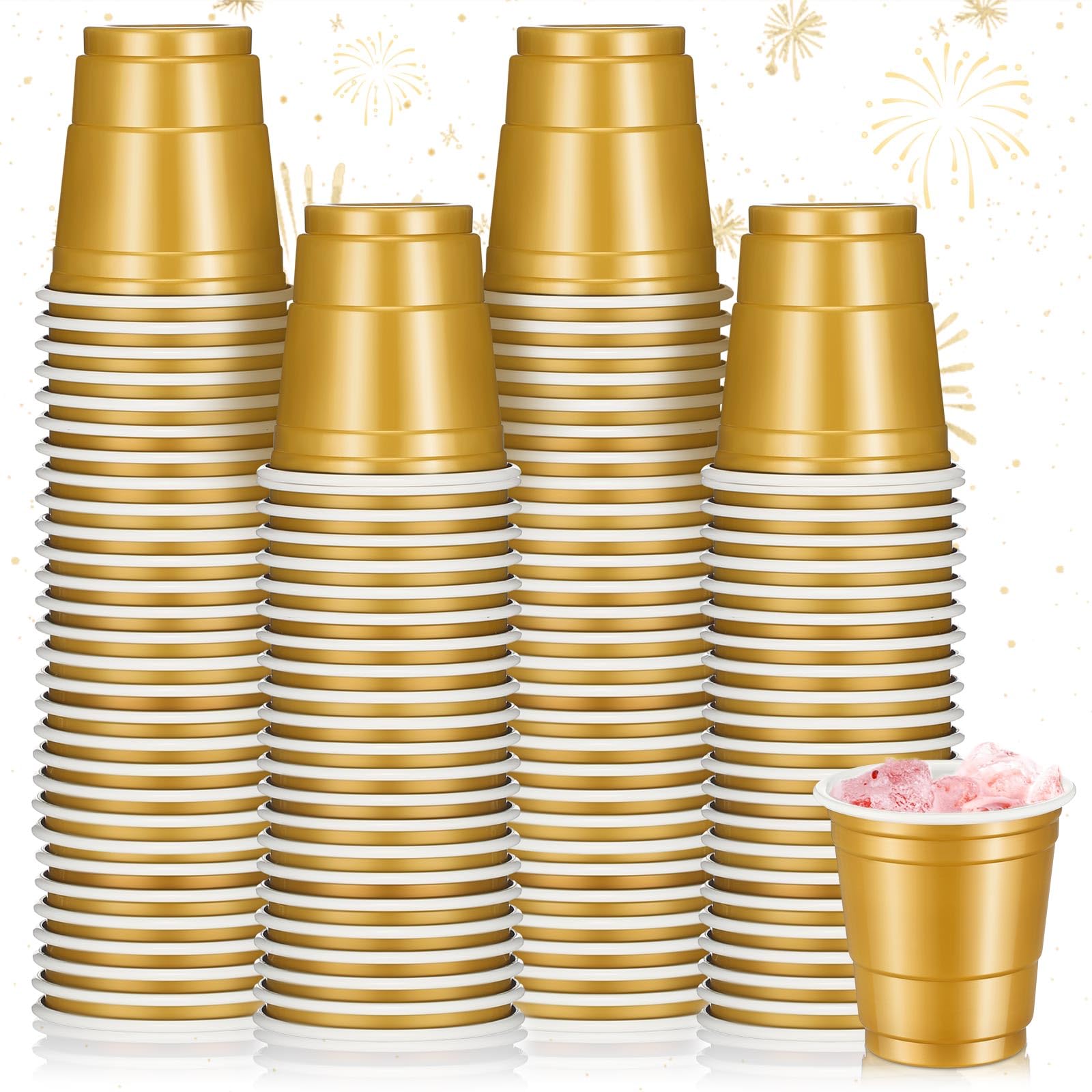 Roshtia 100 Pack 2 oz Christmas Plastic Shot Cups, Mini Disposable Shot Glasses 2 oz Party Cups for Wedding Christmas Winter Party, Beer Taste Serving, Snacks(Gold)