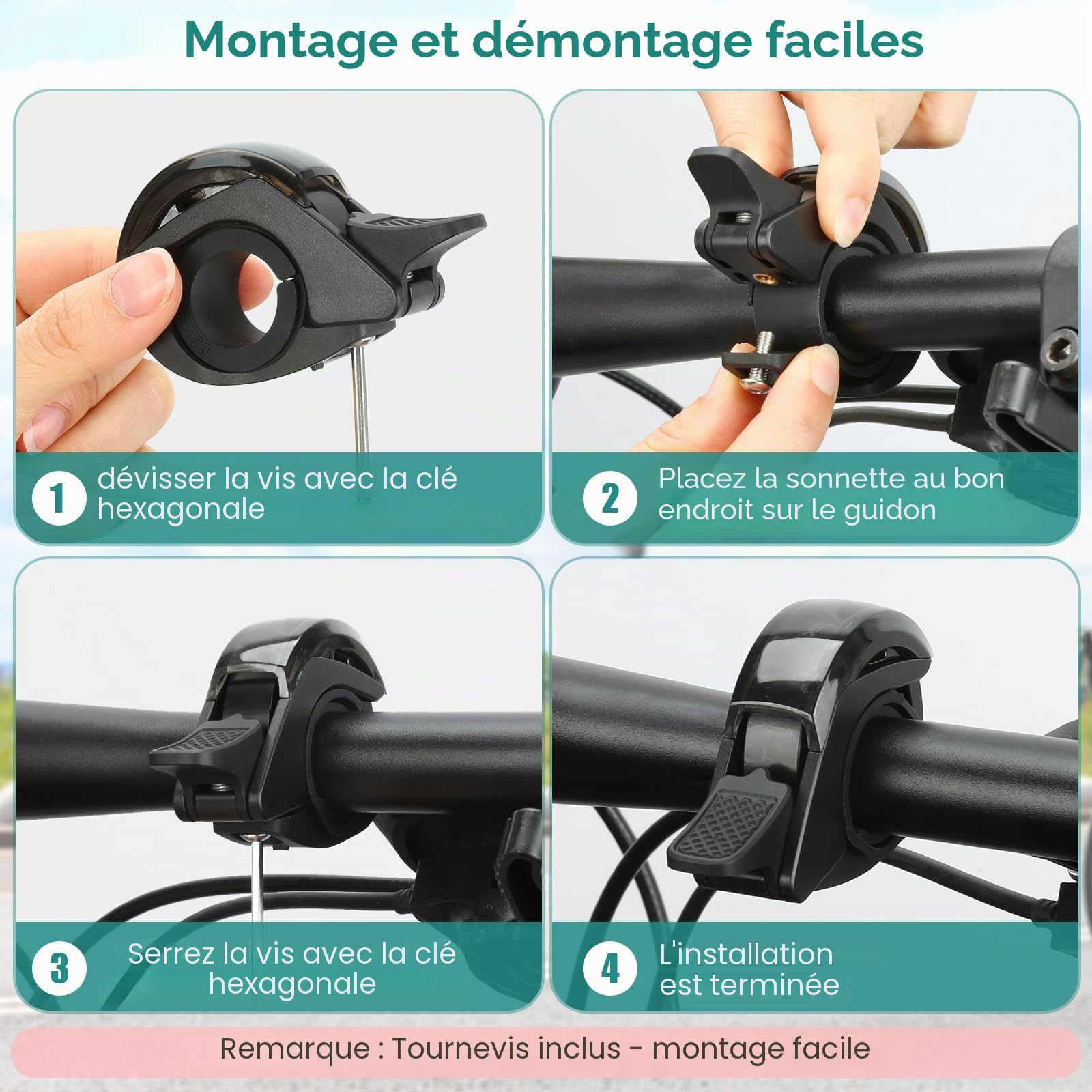 toptrek Sonnette de vélo de montagne innovante en alliage d'aluminium - Mise à niveau 2026 - 110 dB - Sonnette de vélo puissante - Pour vélo de route, vélo électrique et VTT - Guidon de 22,2 à 31,8 mm