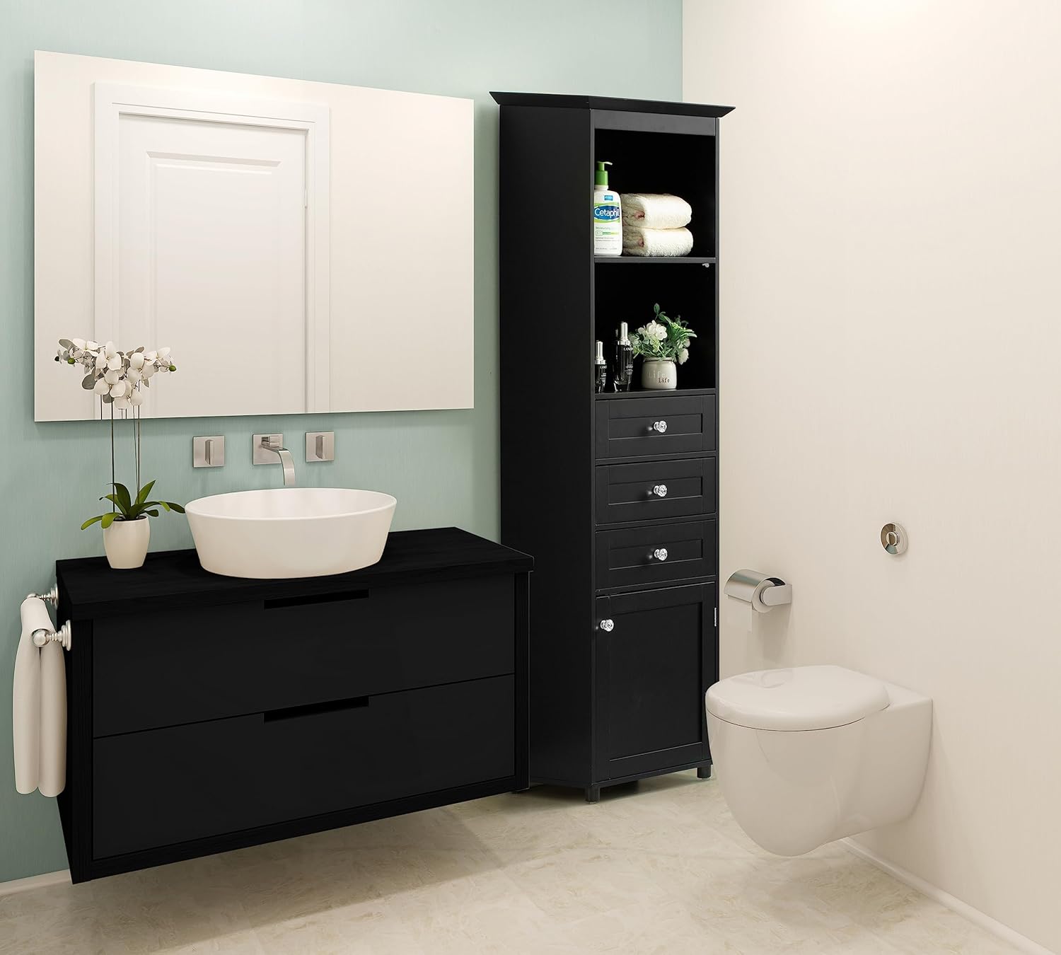 Basicwise Freestanding Storage Cabinet with Shelves Drawers & Door Linen Tower Organizer for Towels Toiletries and Essentials Floor Standing Cupboard for Bathroom Bedroom or Laundry Room, Black