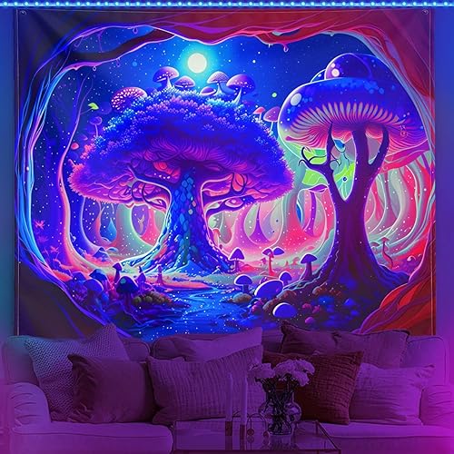 Miniatura 4 de XIGUAGUO Tapiz de hongos de árbol del bosque para dormitorio, decoración estética para colgar en la pared del hogar