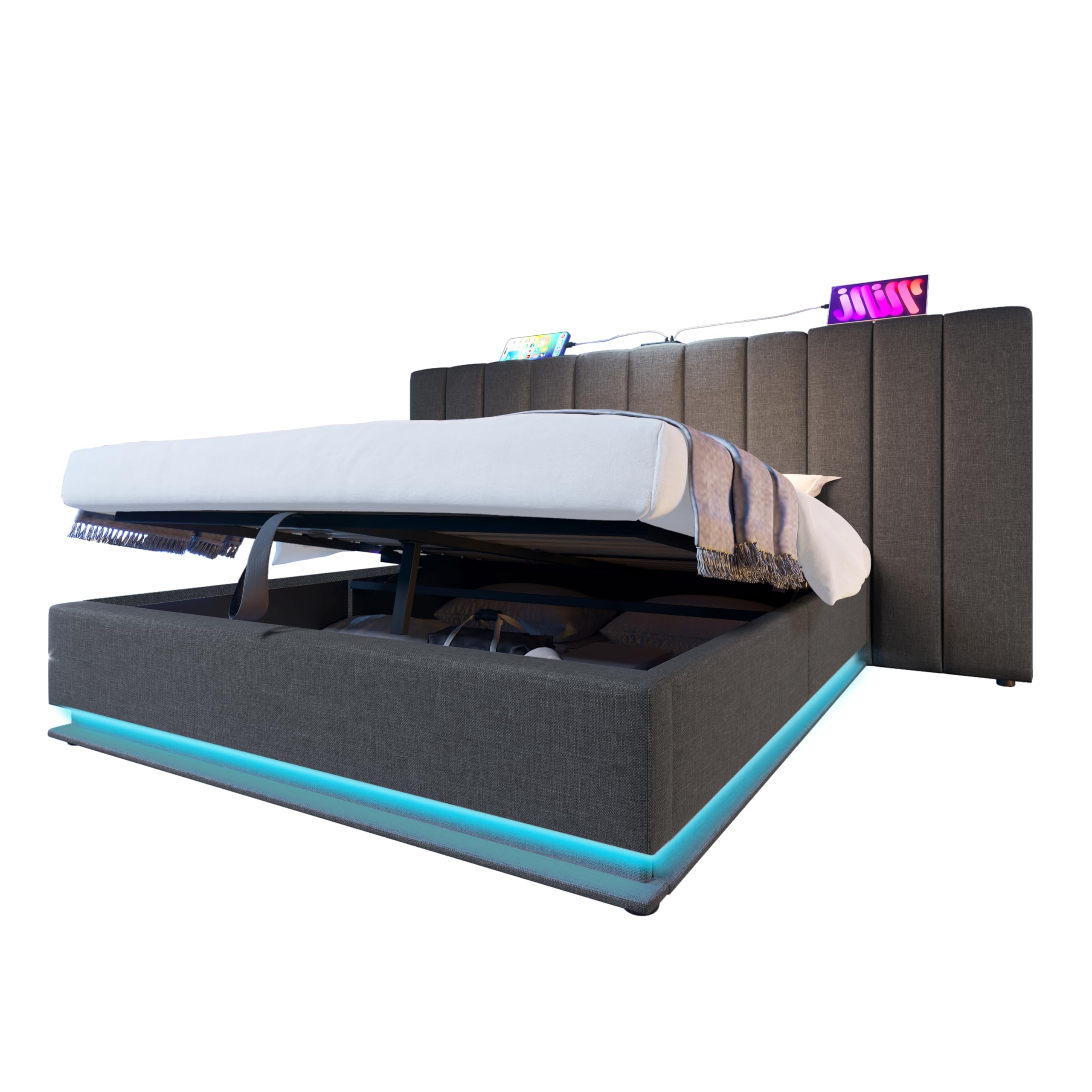 Kebnor Letto imbottito matrimoniale con App Control LED e ricarica USB-C, struttura rete a doghe (grigio lino, 160x200 cm)