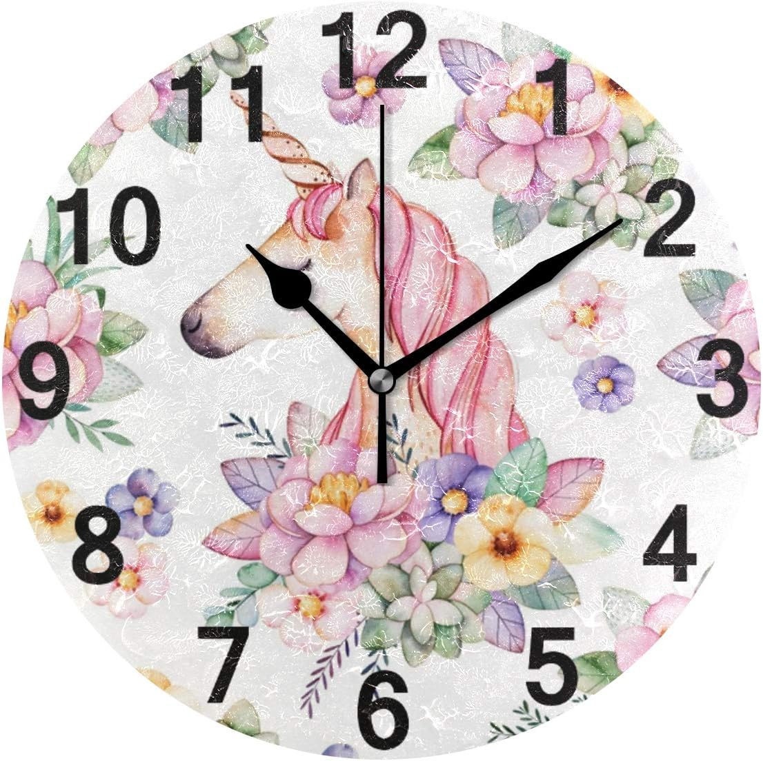 ZZKKO Tropical Floral Animal Unicorn Wall Clock, Silent Non