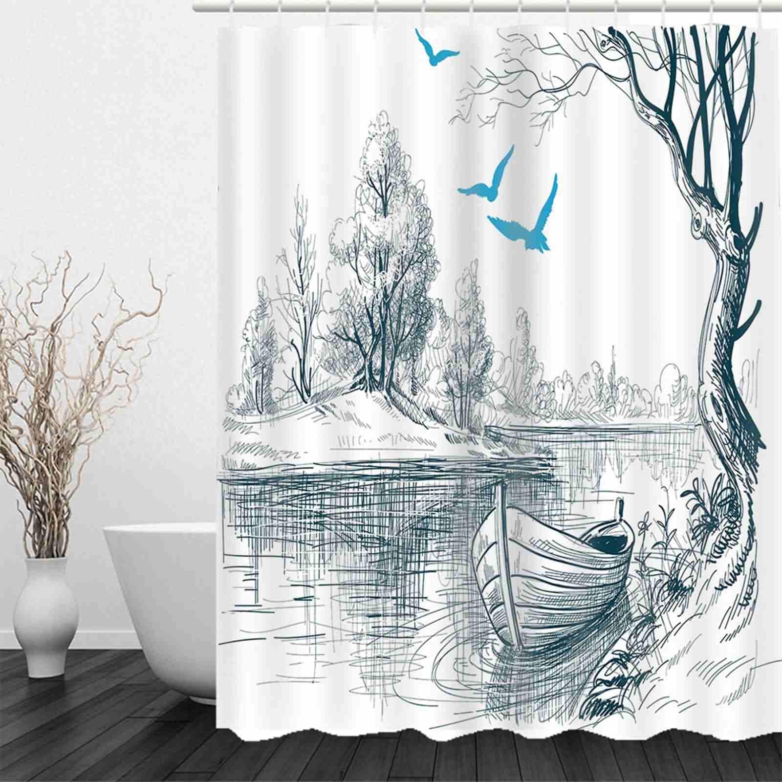Tenda Doccia x Camper Tubo Vasca Bagno Fiume, Barca, Alberi E Uccelli Design Tessuto Impermeabile Nero Bianco Grigio 220x180cm