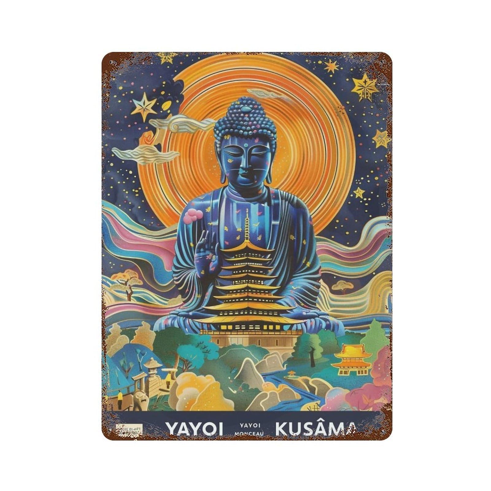 YHGERTKU Yayoi Kusama Buddha Landscape 04 Wall Art Retro Iron Vintage Metal Tin Sign Poster Modern Decor for Living Rooms Gift 40x30cm