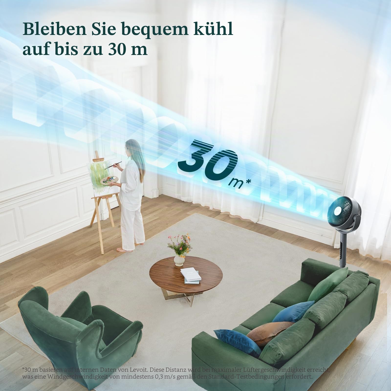 LEVOIT 20 dB, intelligenter Standventilator, DC-Motor, niedriger Stromverbrauch, mit WLAN, 4 Modi und 12 Windgeschwindigkeiten, 30 m Wind, 12 Stunden Timer, 90 ° + 120 ° Oszillation