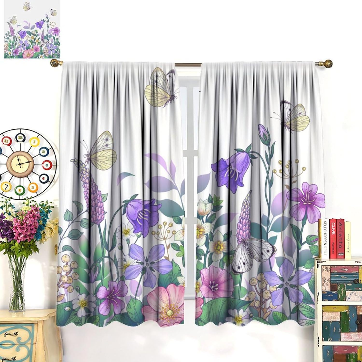 Watercolor Spring Flowers Blackout Curtains Purple Floral Butterfly Colorful Wildflower Botanical Butterfly Green Plant Leaves Decor for Living Room Girls Bedroom Home Decor Window Drapes 42"W X 45"L