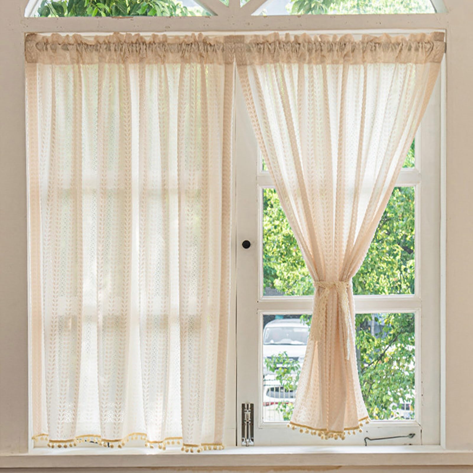 ZZYK Texture Valance Curtains Light Filtering Privacy Kitchen Farmhouse Cafe Living Room Valance Washed Rod Pocket Short Curtain for Small Windows,Beige,98" W x 59" L