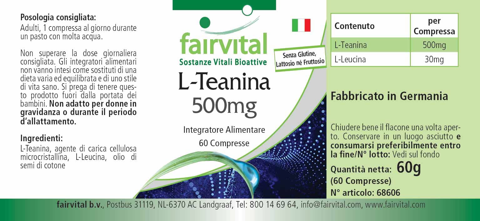 fairvital L-teanina 500 mg, 60 compresse, ALTO DOSAGGIO, VEGANO, aminoacido, facile da deglutire