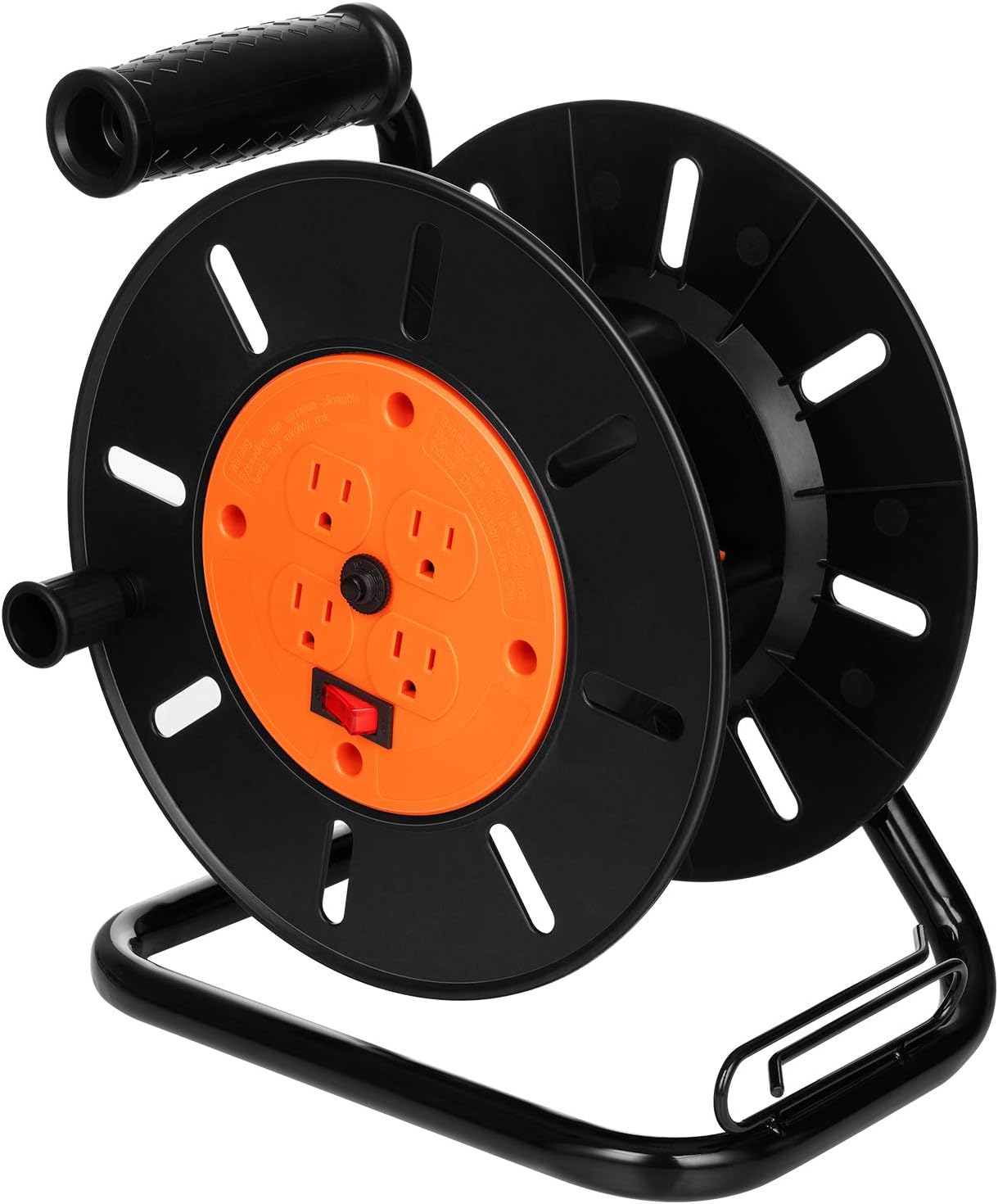 SURAIELEC Extension Cord Storage Reel, 15 AMP Overload Switch, 4 Outlets, Holds 100 ft 16/3, 14/3 or 75ft 12/3 Cord, Hand Crank Electric Empty Power Cord Spool, Sturdy Metal Stand, ETL Listed