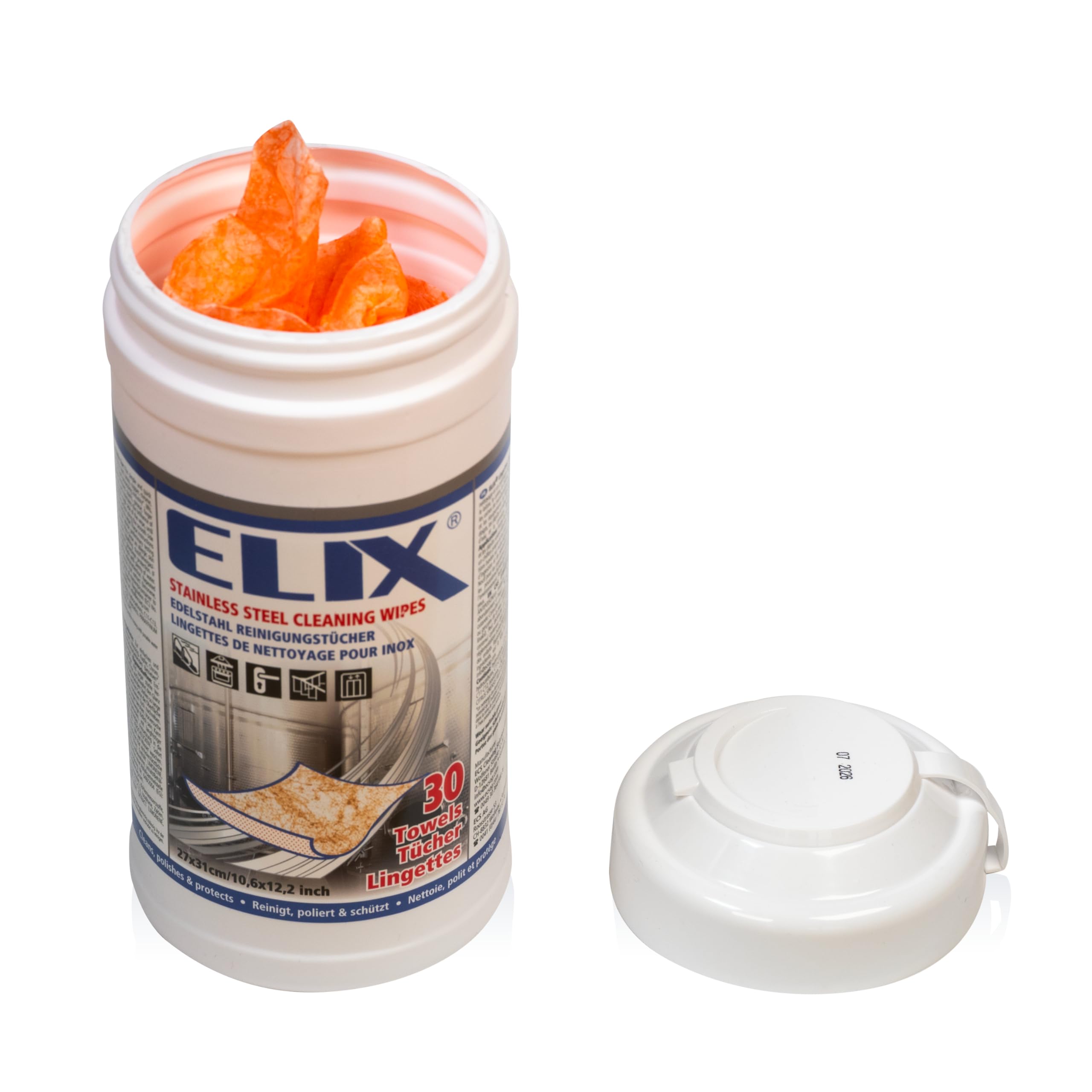 ELIX Salviette Umidificate per la Pulizia dell’ Accacio Inox - per Acciaio Inox, Alluminio, Ceramica, Cromo, Rame e Ottone - 30 Pezzi in Dispenser - Panni Umidi 27 * 31cm - Resistenti ed Efficaci