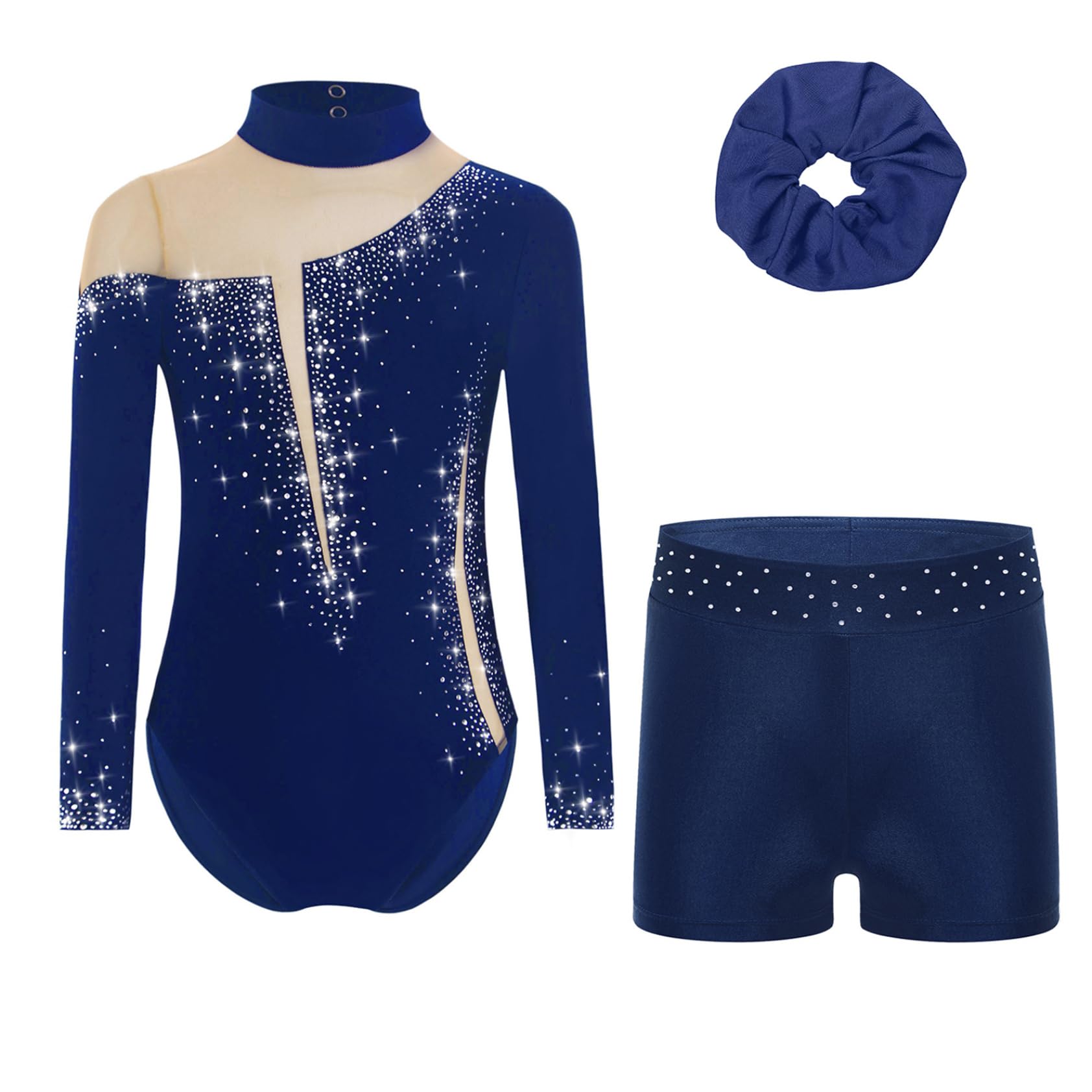 Enfant Fille Justaucorps de Gymnastique Short Strass Brillant Ensemble Tenue Patinage Artistique Danse Spectacle