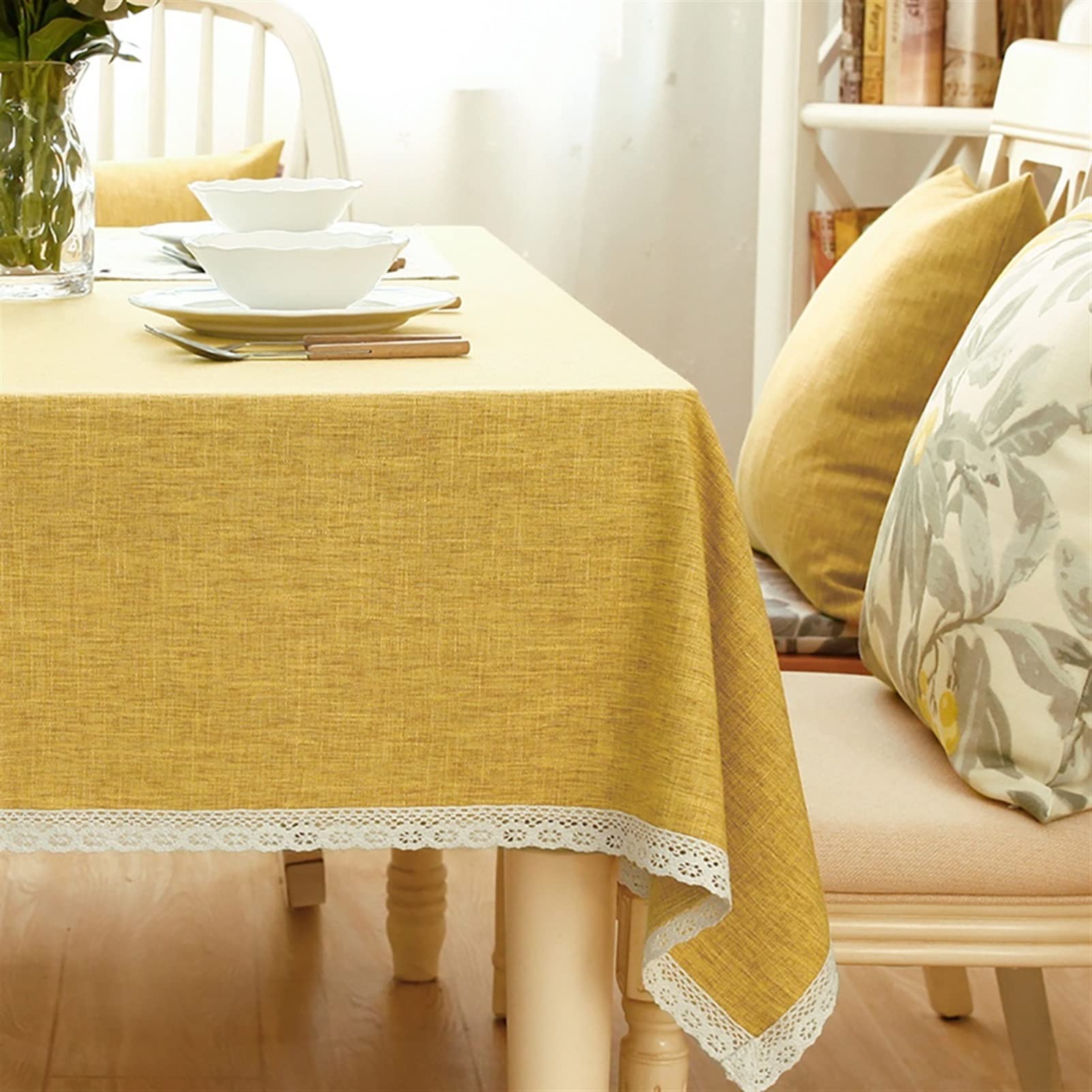Nappe rectangulaire coton lin gris jaune 140x210cm protecteur table basse ferme