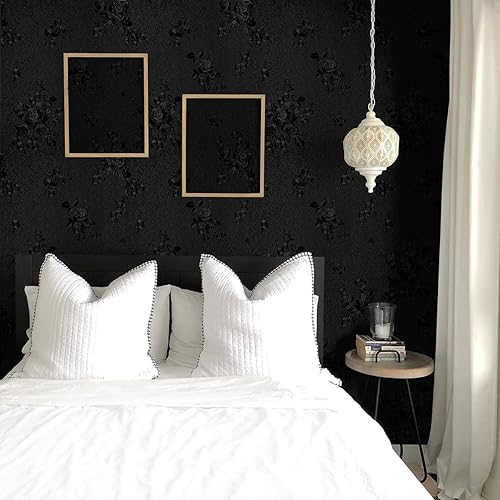 Miniatura 4 de Erfoni Papel tapiz negro para despegar y pegar, papel de contacto en relieve floral negro de 17.7 pulgadas x 393.7 pulgadas, papel tapiz de flores