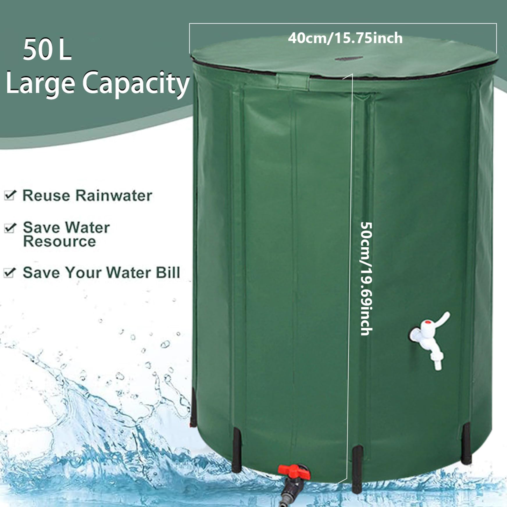 Barile per la raccolta dell'acqua piovana pieghevole da 13 galloni/50 litri in PVC con rubinetto e foro di troppopieno Chiusura con cerniera Serbatoio di stoccaggio dell'acqua finemente sigillato