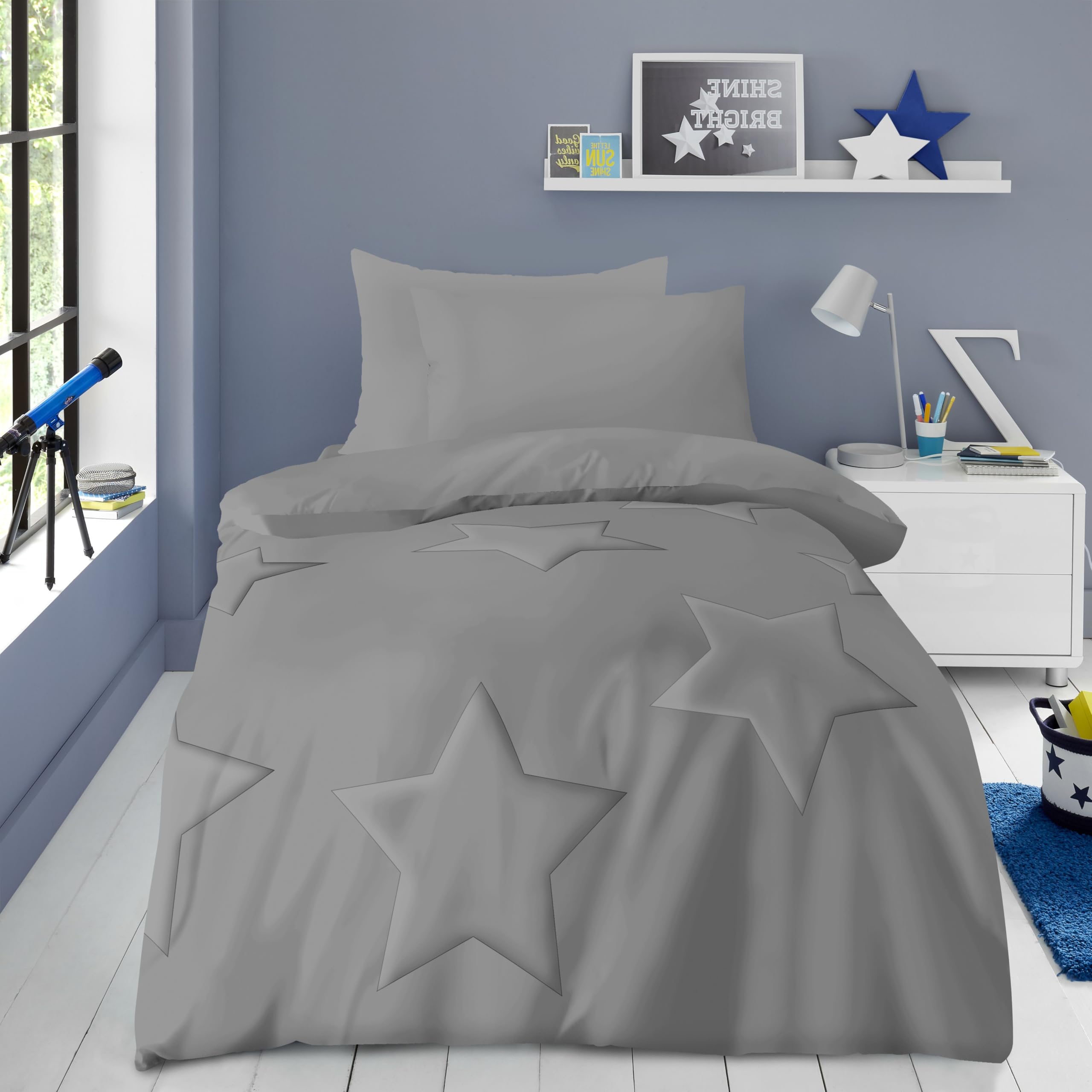 GC GAVENO CAVAILIA Kids Coverless Duvet Single - 100% Polyester Down Alternative Comforter Stars Stitching - 10.5 Tog Coverless Quilt With Pillowcase - Soft, Warm Bedding - (137x200cm), Grey