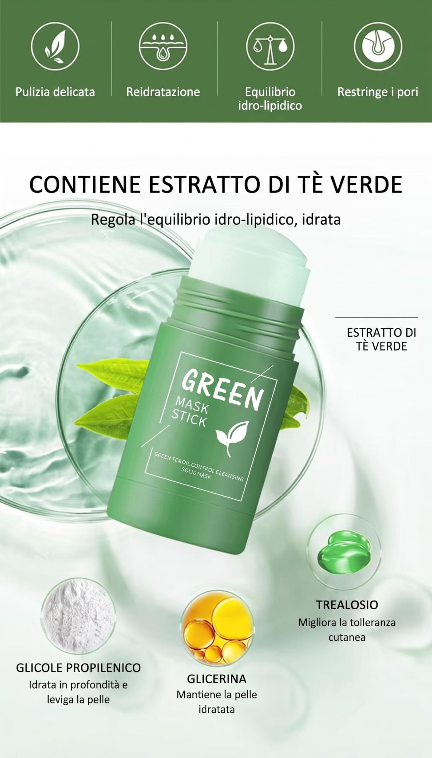 Maschera Viso Stick Tè Verde 2 Pezzi Punti Neri e Argilla Verde | Set 2 Stick: detersione profonda e rimozione punti neri. Argilla purificante per pelle mista e grassa, effetto mat.