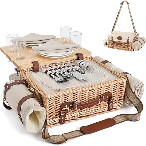 Mutifunctional Wicker Picnic Basket Set for 4 with Blanket and Picnic Table, Insulated Picnic Set with Full Tablewares for Camping Outdoor Couples Valentine Thanks Giving Birthday,Natural