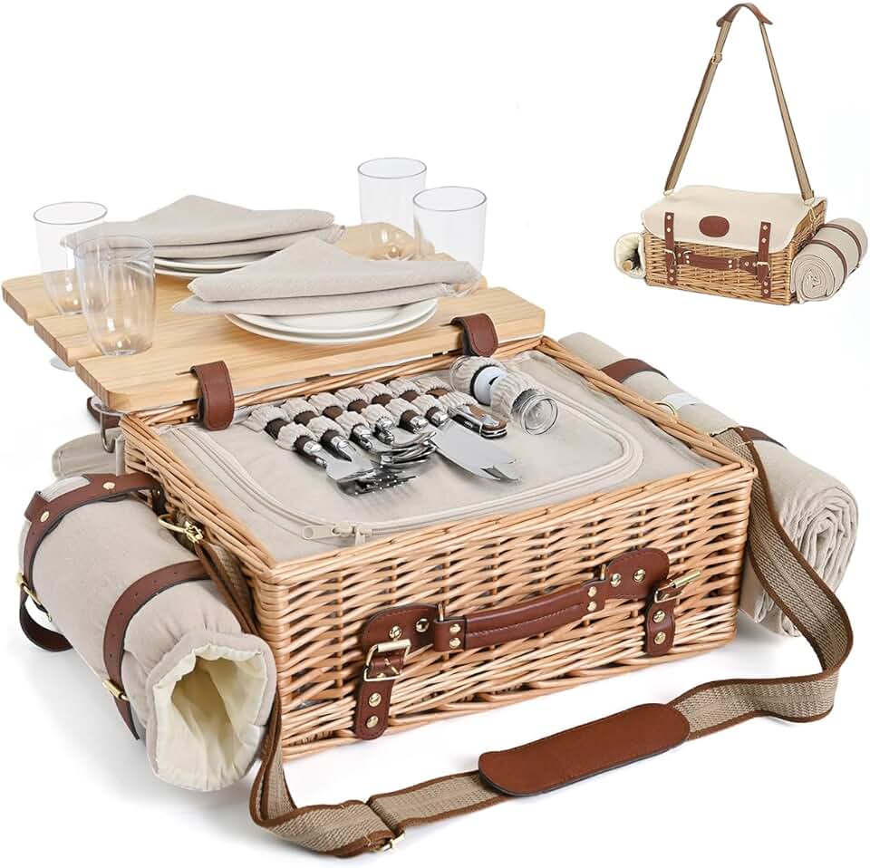 Multifunctional Wicker Picnic Basket Set for 4 with Blanket and Picnic Table, Insulated Picnic Set with Full Tablewares for Camping Outdoor Couples,Natural