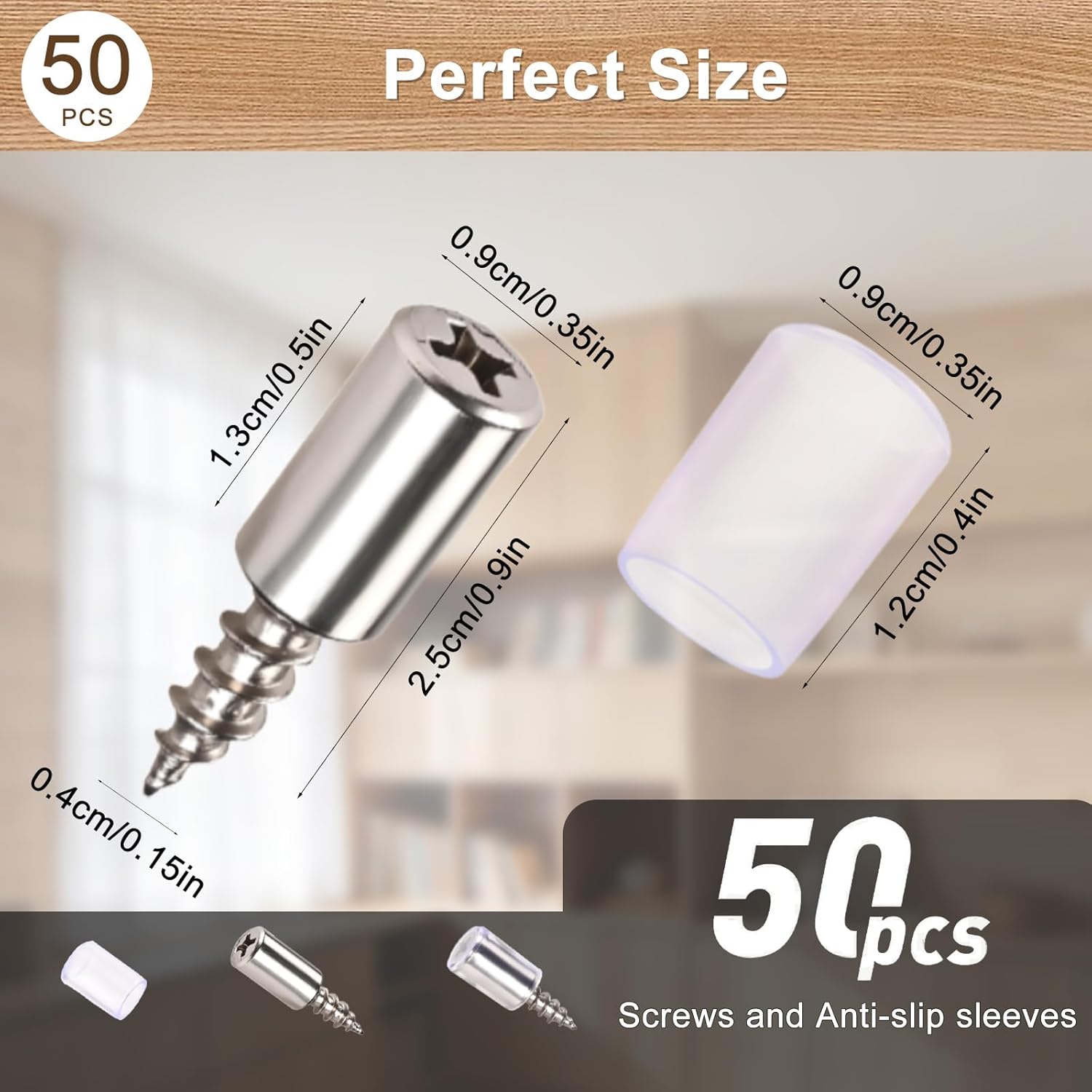 50 Pcs Cabinet Shelf Support Pegs, Self-Tapping Screws with Non-Slip Sleeves, Laminate Fixed Support Pins for Cabinets, Bookcases, Wardrobes and Furniture Shelves