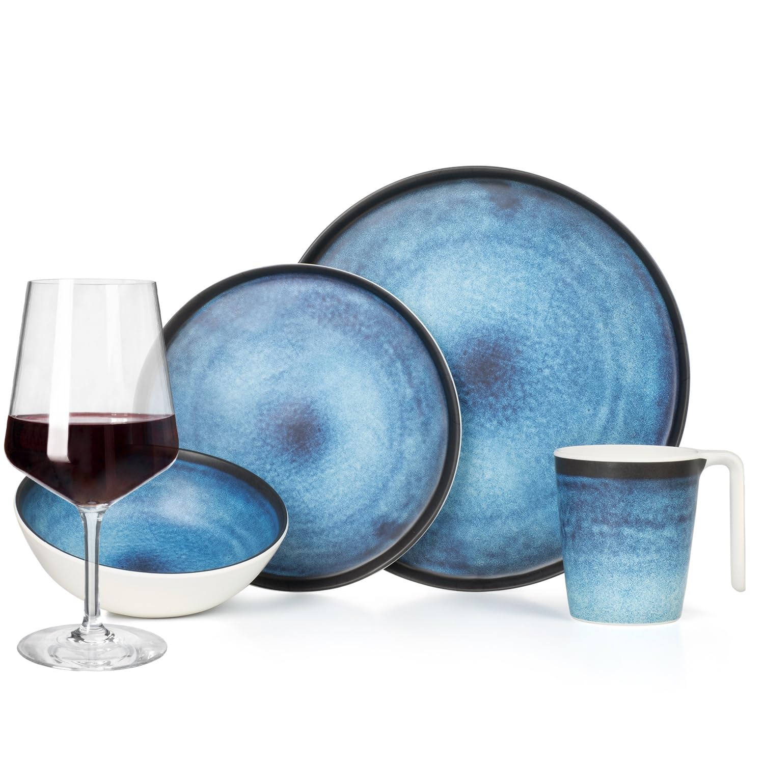 Juego de vajilla de melamina para camping, 4 personas Deep Ocean + 4 copas de vino tinto Milano, copas de vino rojo, vajilla de pícnic, barbacoa