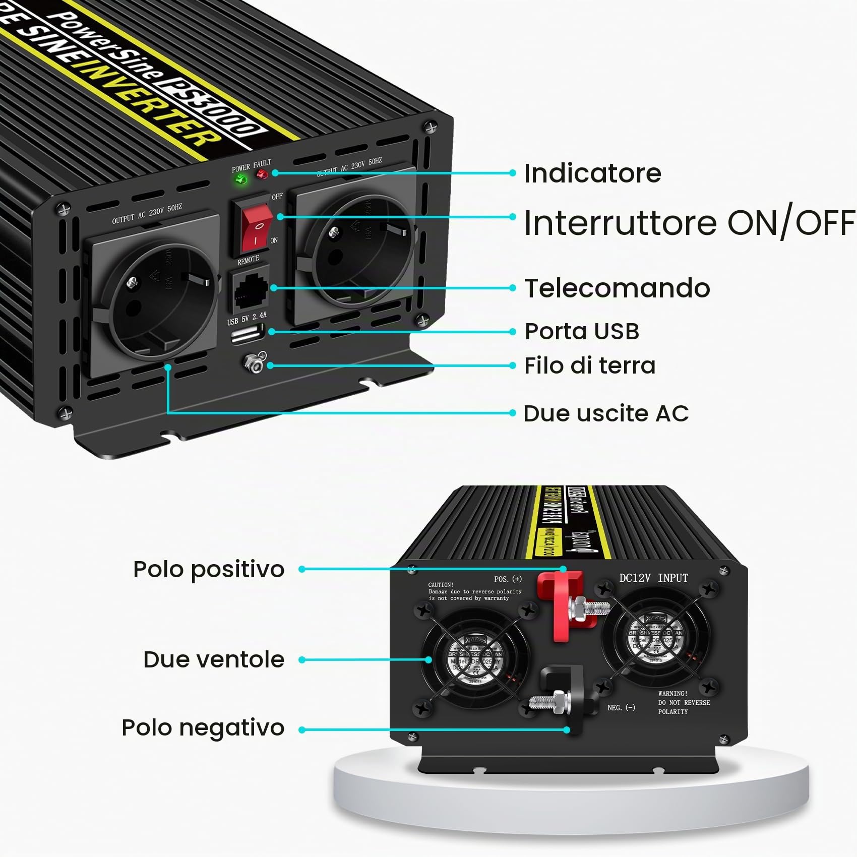 Novopal 3000W/6000W Inverter 12V 220V Onda Pura con 2 EU Presa,1 USB and 5 Metri di Telecomando,Adatto per Case, Camper, Camion, Sistemi Solari Off-Grid