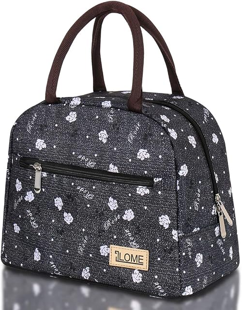Insulated Lunch Bag Tote Bag for Bento Box Snack Insulated Cooler Bag for Women,School, Working,Men (Black Rose)