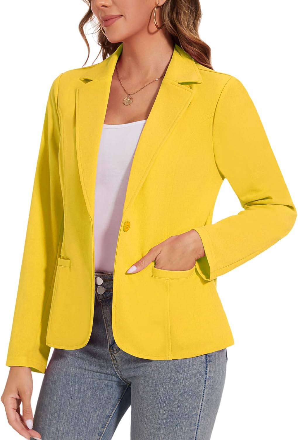 Womens Casual Blazer Jacket Long Sleeve Open Front Work Office Blazers Lapel Button Jackets with Pockets *Yellow,Size L*
