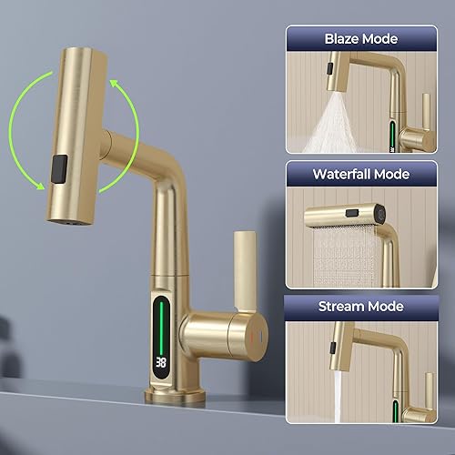 Miniatura 4 de Homili Grifo digital moderno para lavabo de baño, grifo de fregadero de cocina de una sola manija, con rociador extraíble, tres modos de salida de