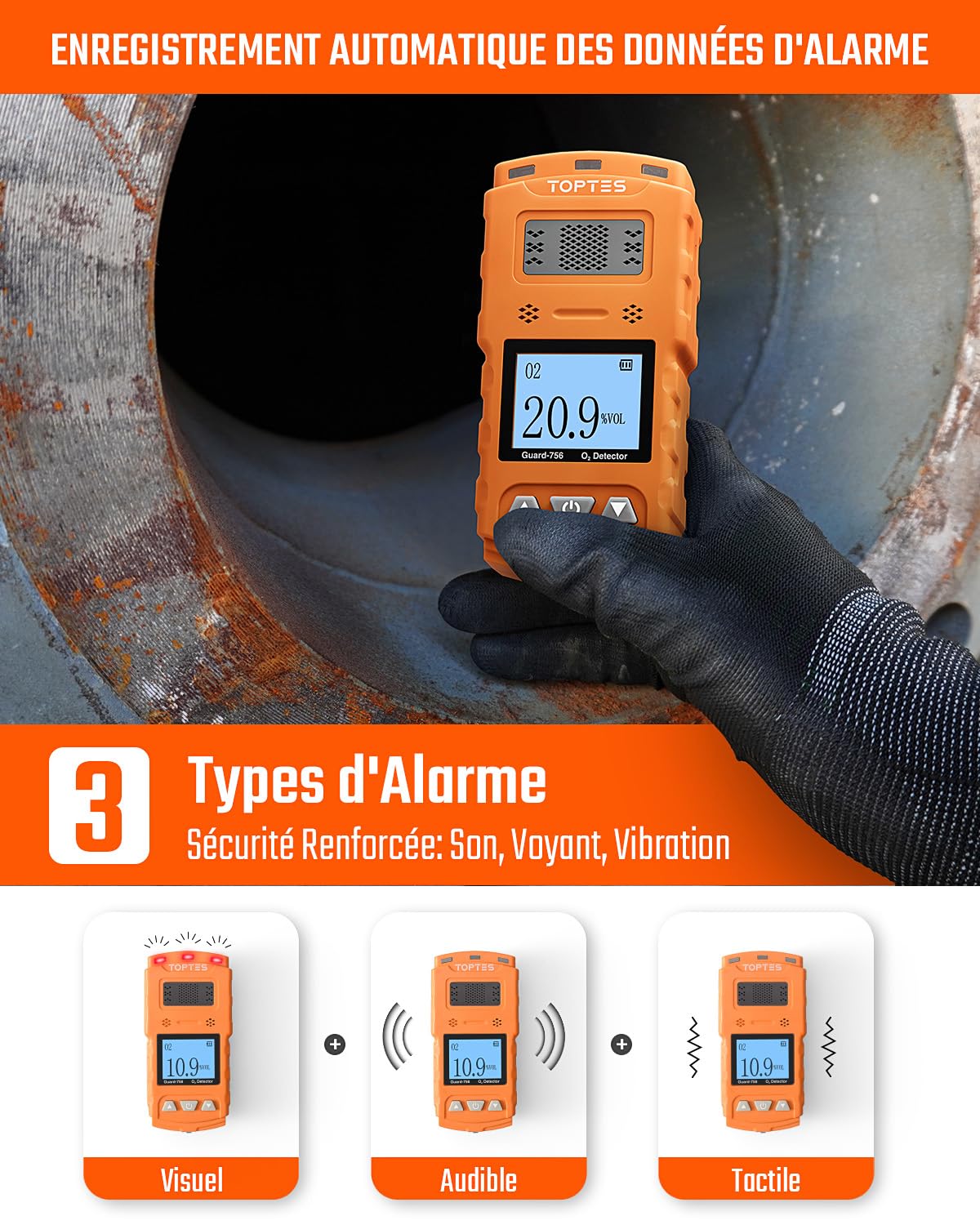 TopTes Guard-756 Moniteur O2 Amélioré, Détecteur D’oxygène, Réponse en 0,5s, Rechargeable, Alarmes par Vibration, Visuelle & Sonore, Résistant À La Poussière et Aux Explosions, pour Travail et Maison