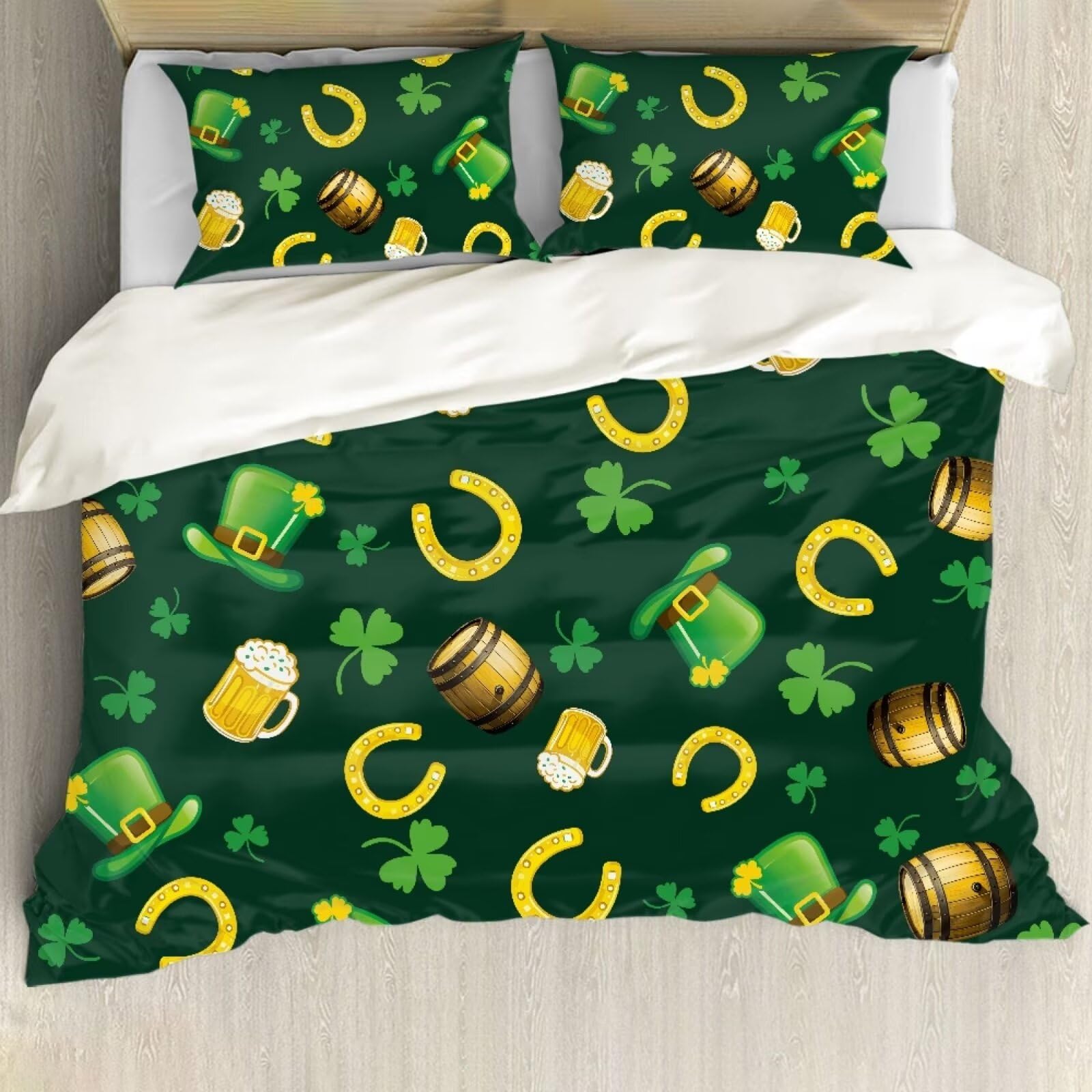 BIGCARJOB St Patrick Day Duvet Cover Sets for Men Him Funny Green Leaves Comforter Cover Set with Pillow Covers St Patrick Day Bedding Set Soft Microfiber Quilt Cover Twin Size