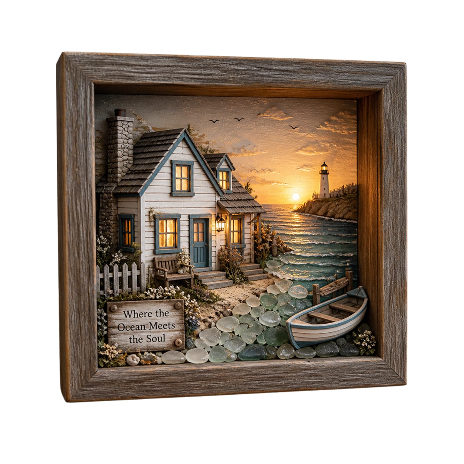 DSLKGWE Shadows Box with Light, Coastal Lighthouse Sea Glass Shadows Box Night Light Sea Glass Boxes Night Lights Decorative Lighthouse Lamp Beach Oceans Decor for Bedroom Living Room