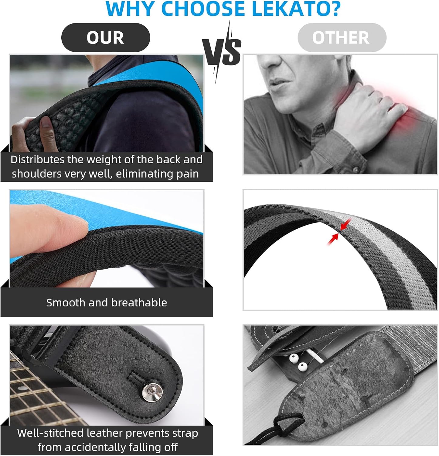 LEKATO Guitar Straps for Electric Guitar Bass, 3.5" Wide Padded Guitar Strap Neoprene Pad with 3D Sponge Filling Bass Guitar Straps Adjustable Length from 45" to 55" with Strap Locks, Picks, Blue