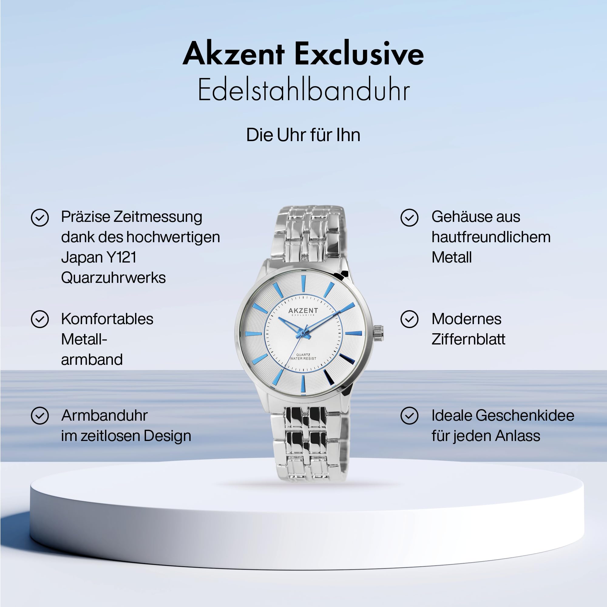 Akzent Orologio da Polso Donna, Bianco, Argento, Blu, Analogico, al Quarzo, in Metallo