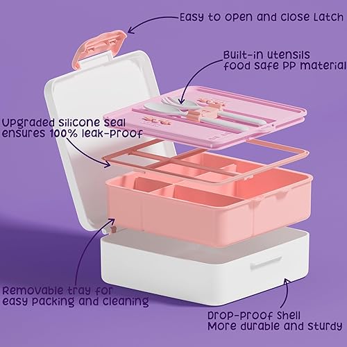 Miniatura 3 de Fimibuke Lonchera Bento para niños, a prueba de fugas, con 4 compartimentos, sin BPA, apta para lavavajillas, con utensilios, tamaños de porciones