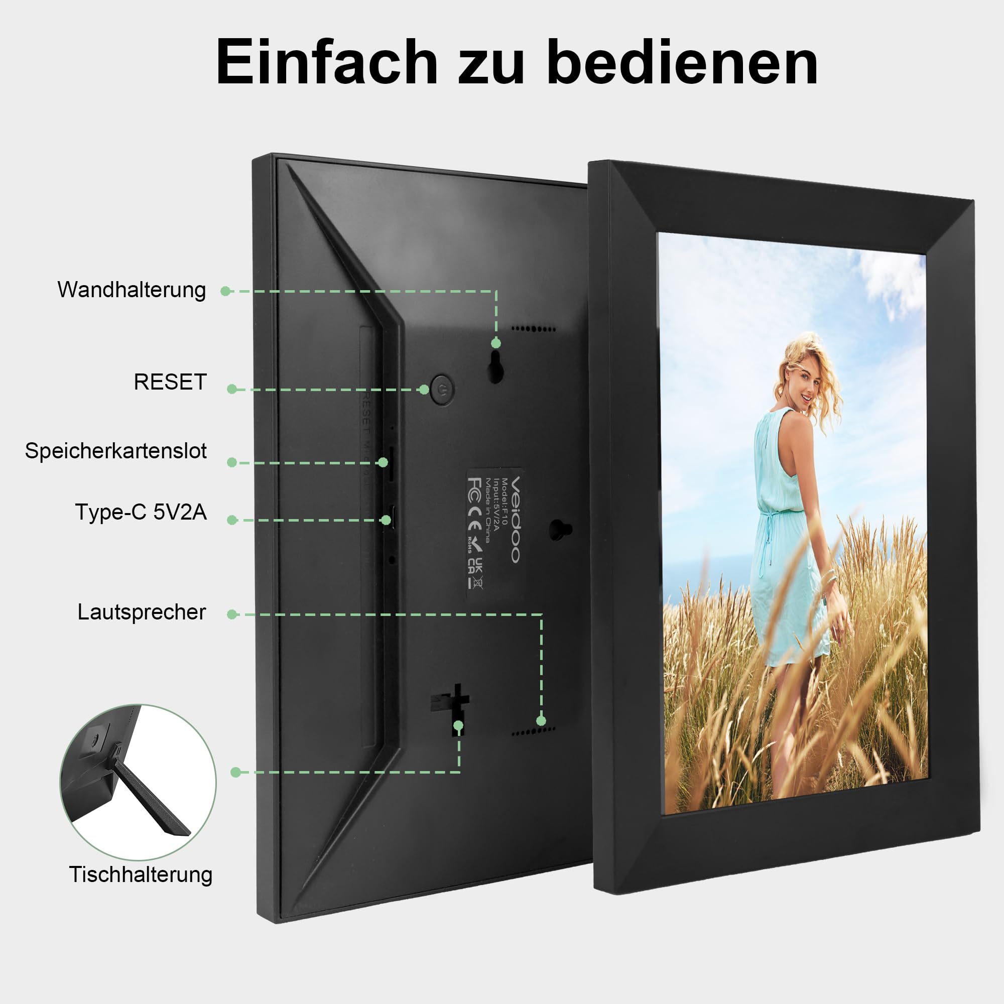 Veidoo Frameo 10.1 Zoll 32GB WiFi Digitaler Bilderrahmen 1280x800 HD IPS Touchscreen