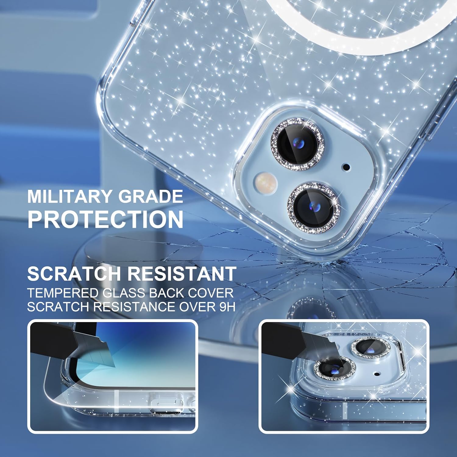 Choiche Magnetic Case for iPhone 14 Plus Case, Women Clear Glitter Bling Sparkly Case, [2xDiamond Camera Lens Protectors] [2xTempered Glass Screen Protectors] [Compatible MagSafe] (Glitter Clear)